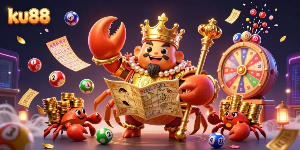 ku88 players engaging with a colorful lottery scene featuring animated elements and a golden crab emperor.