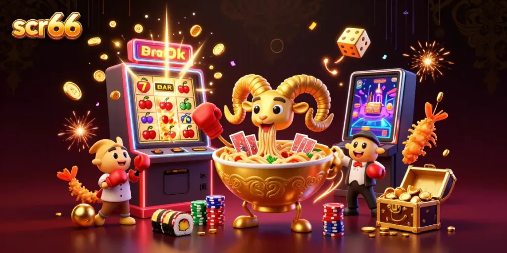 Experience thrilling gameplay at scr66 with a colorful 3D casino scene featuring vibrant characters and games.