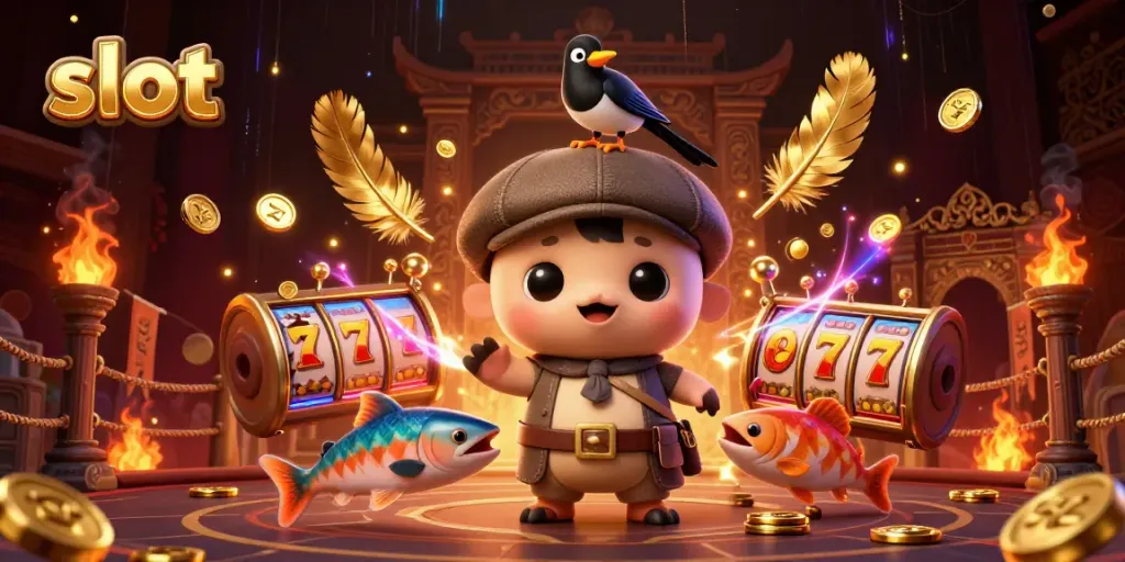 Engage with slot gaming featuring 3D cartoon baby Nessie and friends amidst vibrant casino elements.