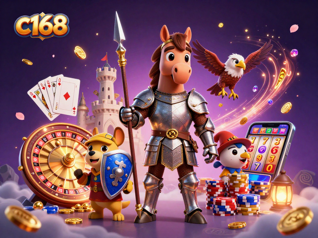 C168 celebrates winning strategies with a vibrant 3D casino scene featuring knights and treasures.