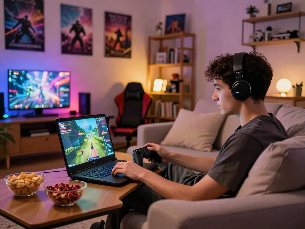 Pengalaman bermain di vegas168 dengan suasana ruang tamu nyaman dan alat gaming modern.