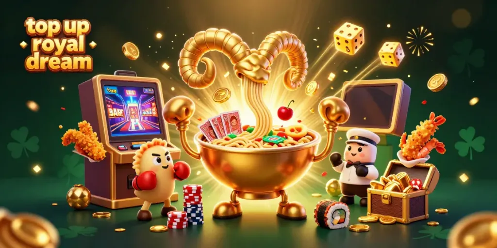 Top up royal dream dengan permainan slot dan koin melimpah dalam ilustrasi 3D yang ceria.