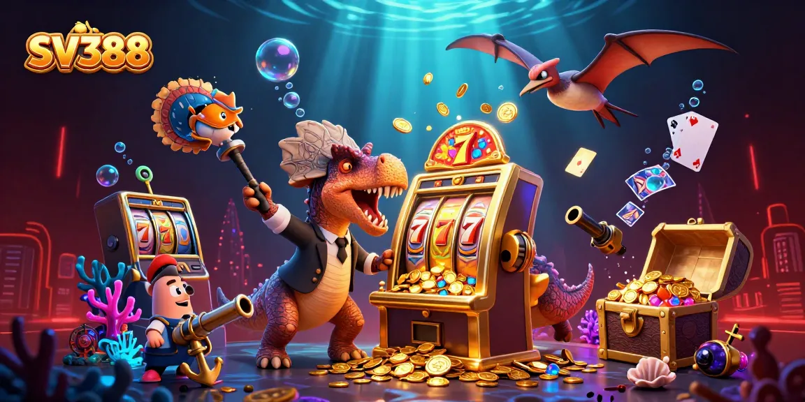 Win big at SV388 as cartoon dinosaurs celebrate jackpot coins from a golden slot machine.