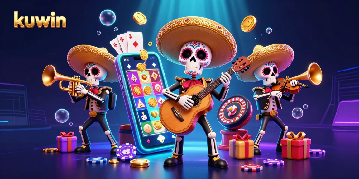 Kuwin, the vibrant skeleton mariachi band, celebrates wins surrounded by slot games and casino elements.