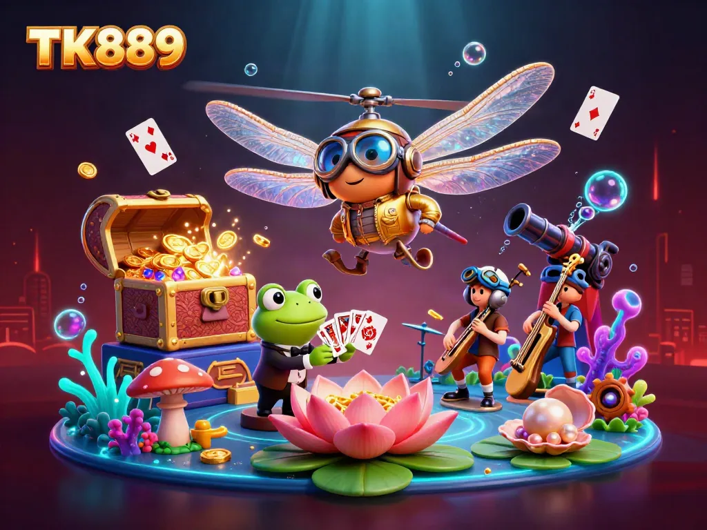 Explore the exciting world of TK889 with unique fishing and casino characters in a vibrant underwater scene.