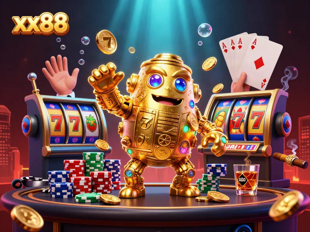 Spin and win with the xx88 slot-themed golden golem surrounded by vibrant casino elements.