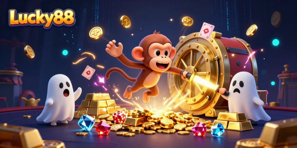 Join the fun with Lucky88 in a lively haunted casino featuring a mischievous monkey and ghost-hunter puppy.