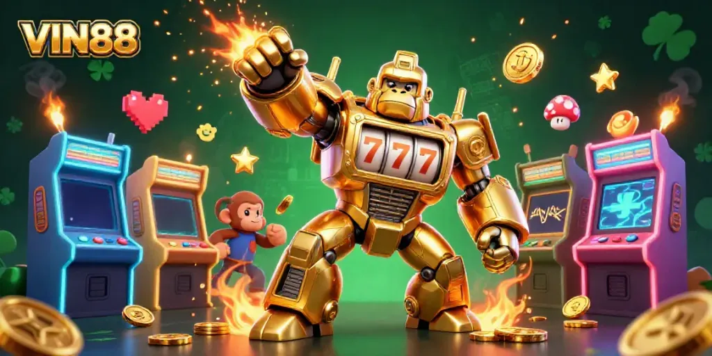 Experience thrilling wins at VIN88 with a golden gorilla mech and vibrant arcade machines.