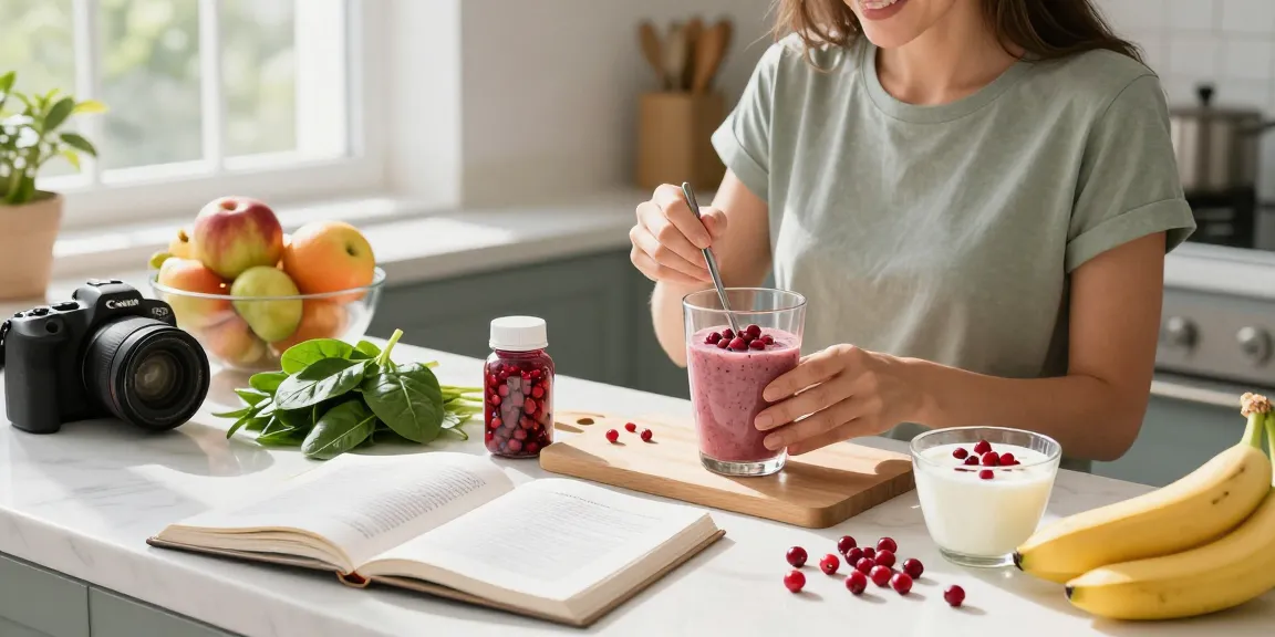 Préparation d'un smoothie aux canneberges pour le confort urinaire dans une cuisine lumineuse.