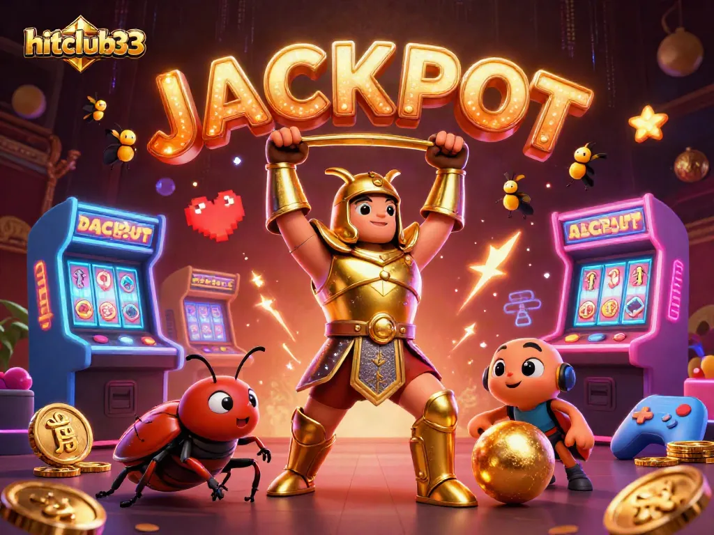 Experience the excitement of hitclub33 as the hero lifts a jackpot reel in a vibrant casino scene.