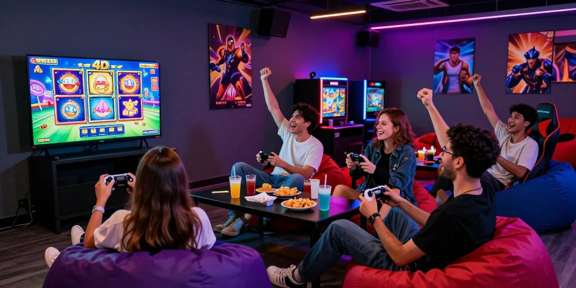 Excited friends engaging in a thrilling slot 4d game experience in a vibrant gaming lounge.