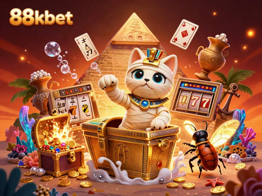 Win big with 88kbet in an exciting 3D casino scene featuring a mummy cat bursting from a sarcophagus.
