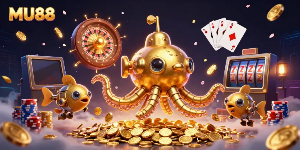 Experience the thrill of MU88 with a vibrant 3D illustration featuring a golden kraken amidst sparkling casino elements.