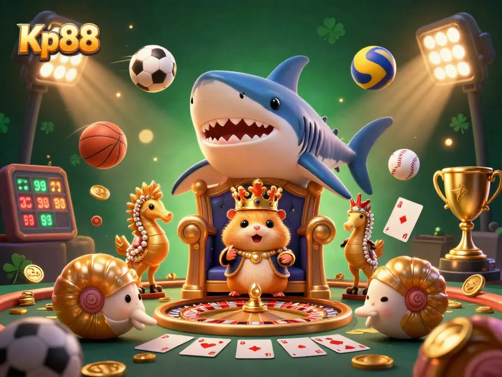 Kp88 live casino scene featuring a golden hamster king with royal guards amidst dynamic gaming elements.
