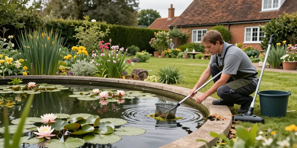 Pond Cleaning Essex service in action, removing algae from a serene garden pond, surrounded by lush greenery.