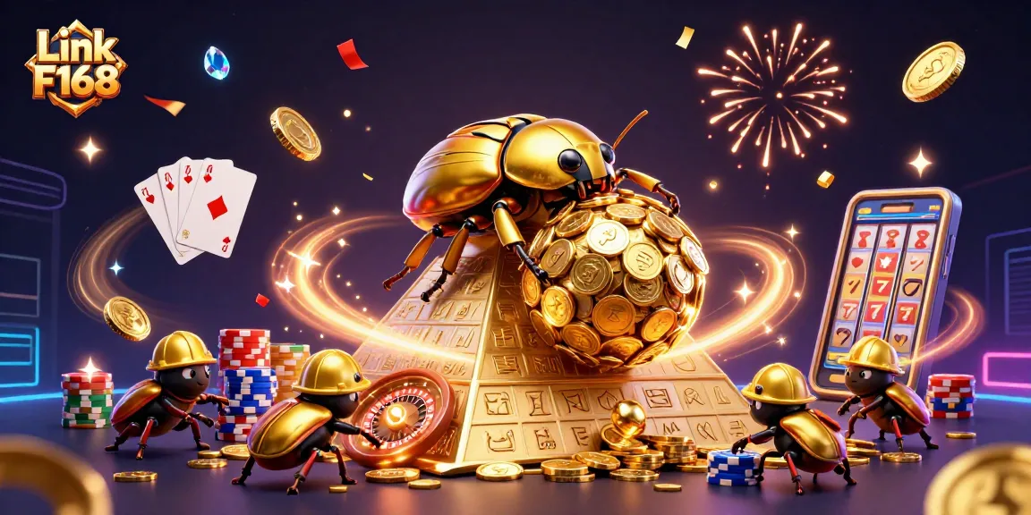 Experience thrilling gaming action with Link F168, featuring golden beetles and casino elements.