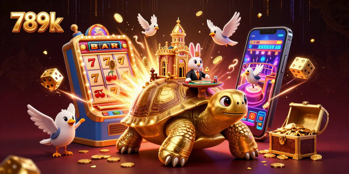 Win big with 789k's vibrant 3D casino scene featuring a golden tortoise and dynamic gaming elements.