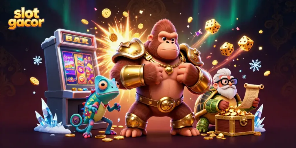 Engage with thrilling slot gacor action in a vibrant 3D casino scene featuring a gorilla king and lively symbols.