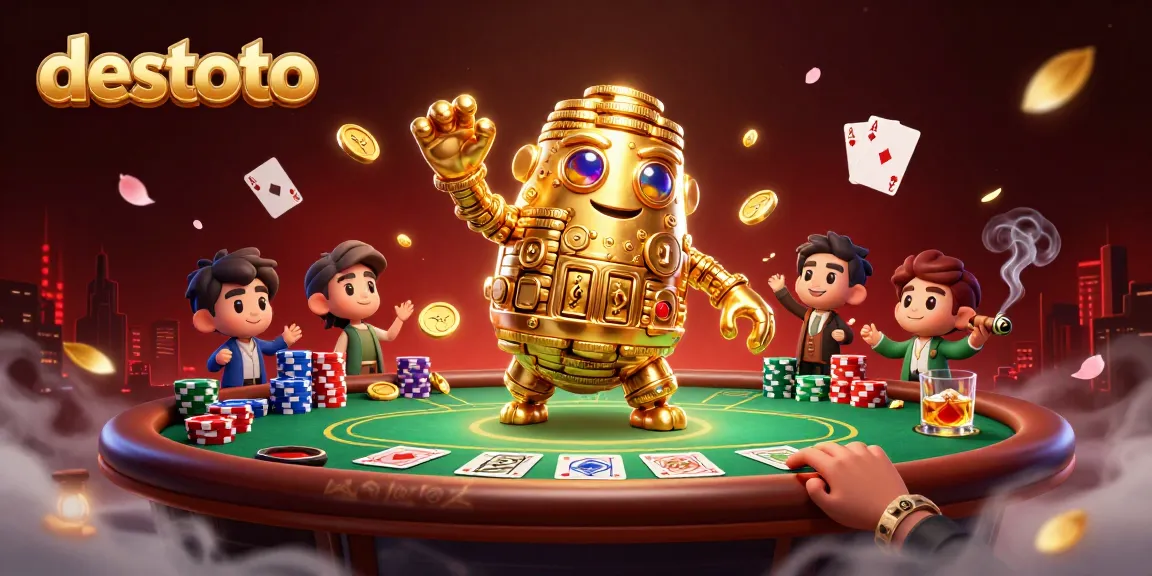Experience the exciting gameplay at destoto with golden golem and poker elements in a vibrant casino illustration.