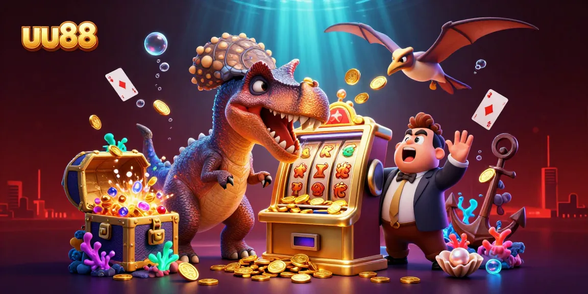 uu88 showcases a dinosaur-themed casino scene with action-packed slots and gold coins galore.