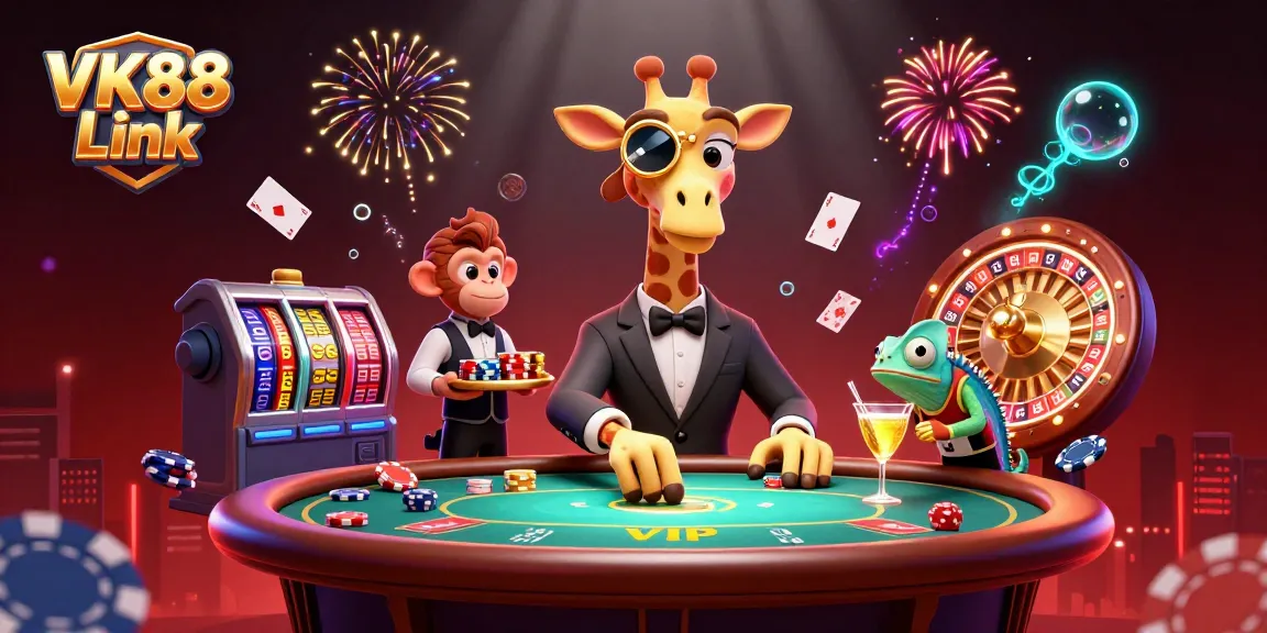 Join the excitement of VK88 Link with a vibrant 3D casino scene featuring poker and slot elements.