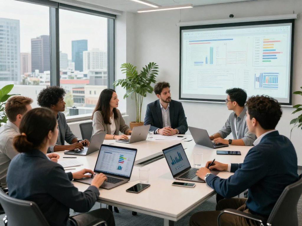 Stephen Gleave Ancaster leading a collaborative team meeting in a modern conference room, showcasing teamwork and productivity.