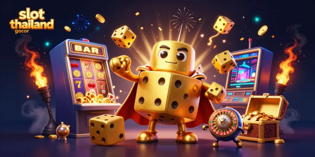 Experience slot thailand gacor with a dynamic illustration showcasing golden dice golem and jackpot slots.