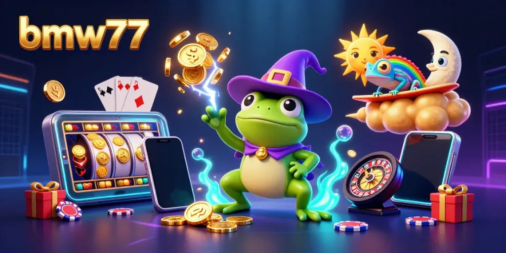 Experience the excitement of bmw777 with vibrant casino-themed 3D illustration showcasing a magical frog and a chameleon.