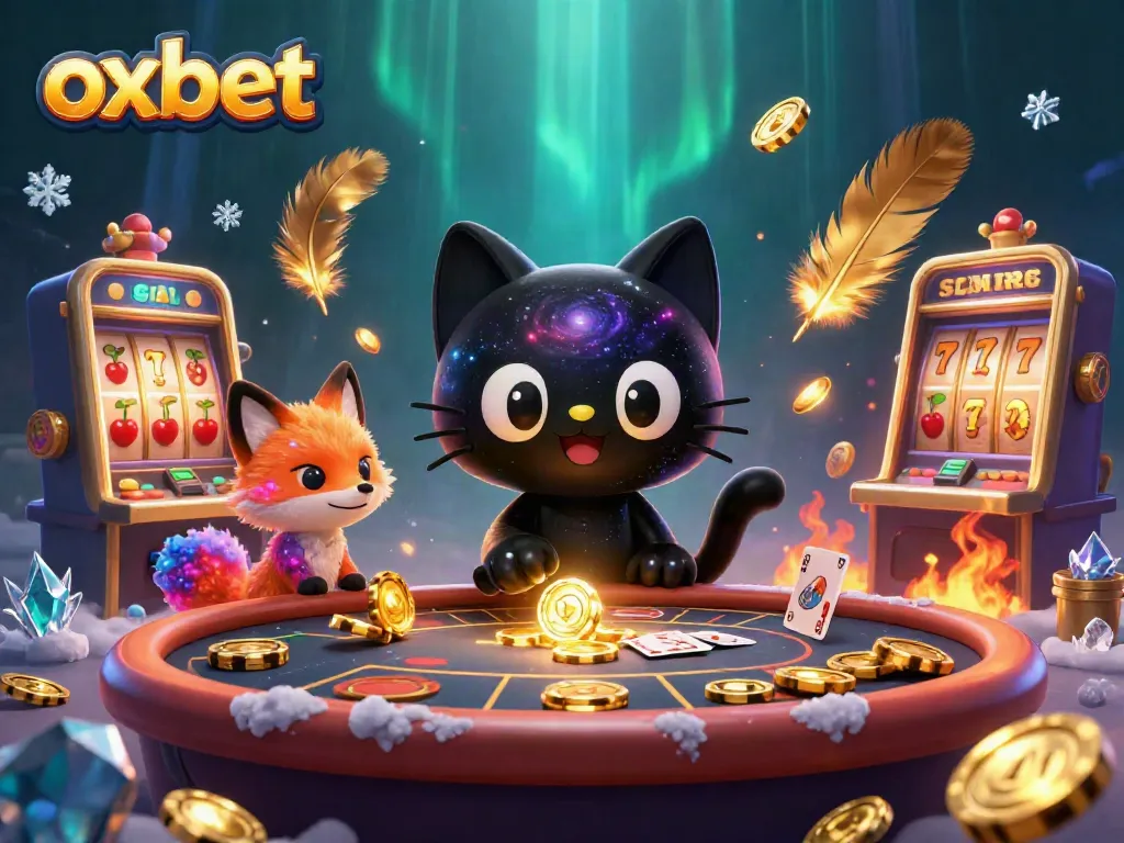 Engage in thrilling slot games with OXBET's dynamic casino scene featuring a playful black hole cat.