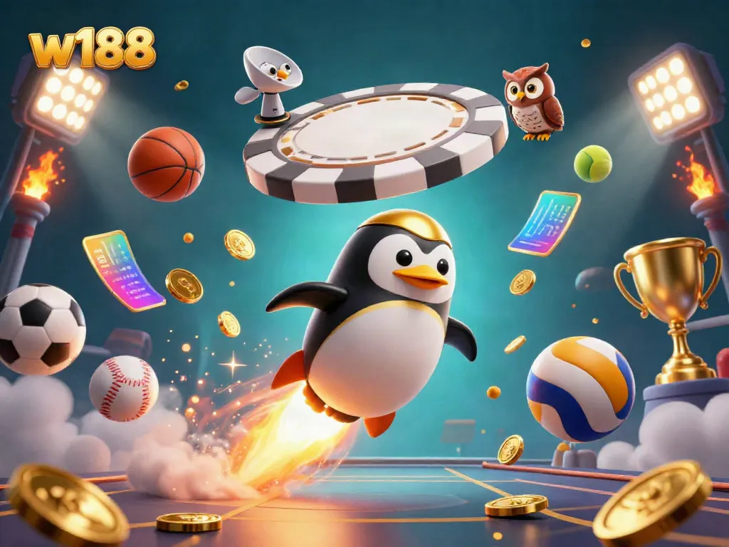 Experience w188's excitement with a rocket-powered penguin and dynamic casino elements in this vibrant illustration.