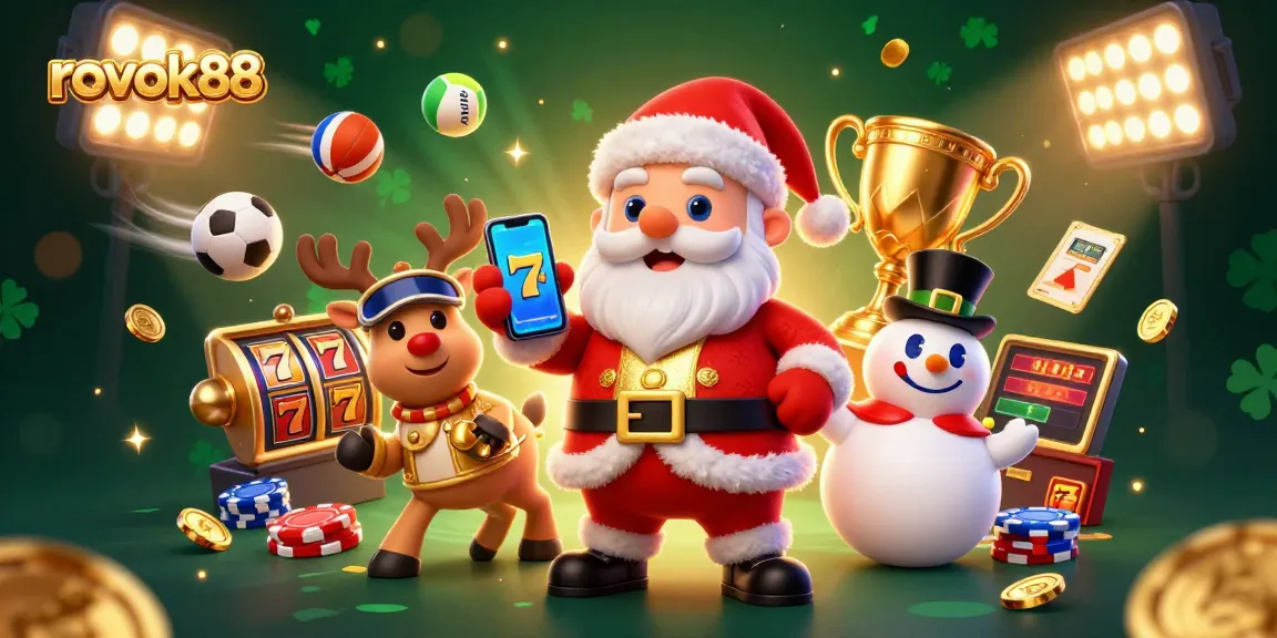 Join the festive spirit at rokok88 with Santa, a reindeer dealer, and a poker chip snowman celebrating gaming wins!