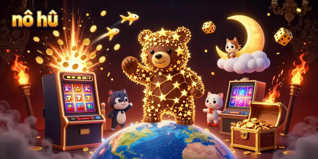 Win big with nổ hũ as a constellation bear scoops coins from a jackpot explosion!