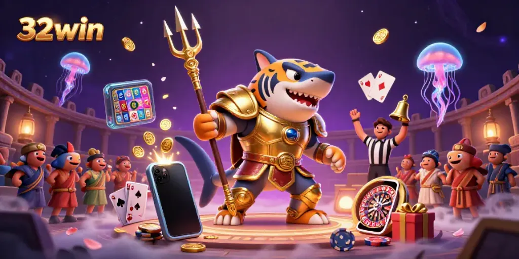 Experience the thrilling underwater casino world of 32win with a gladiator shark amidst exciting game elements.