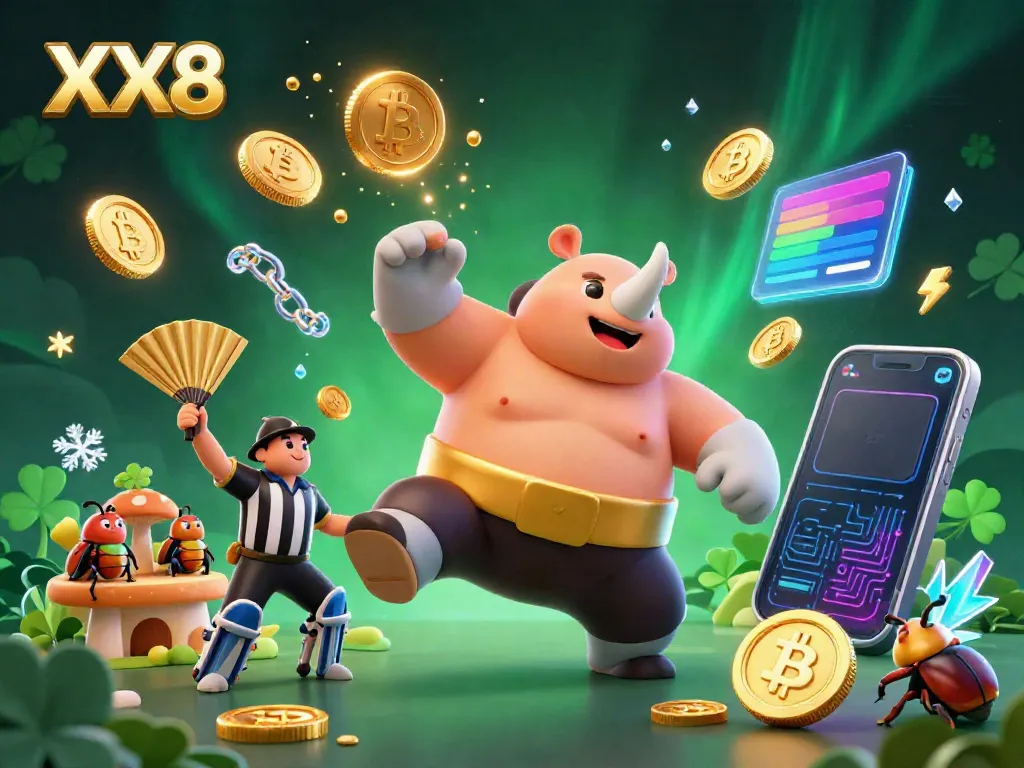Experience the thrilling atmosphere of XX8 gaming with a dynamic sumo beetle showdown, launching golden coins in a vibrant casino scene.