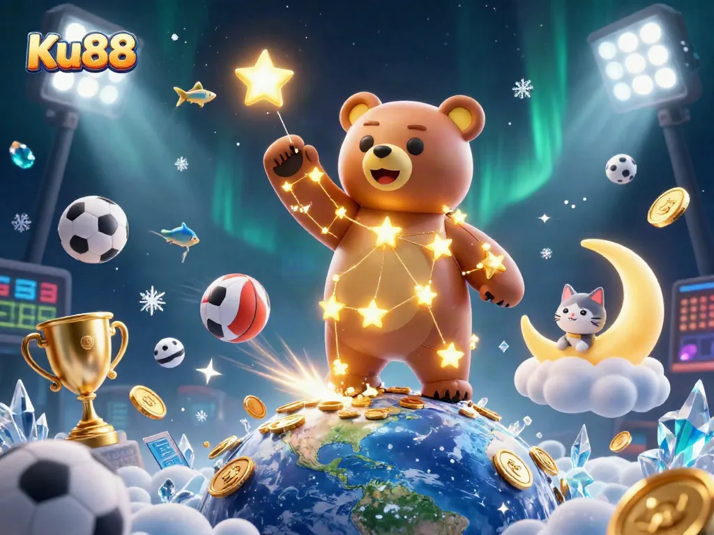 Join Ku88's thrilling betting action as golden stars and sports icons create an engaging casino scene.