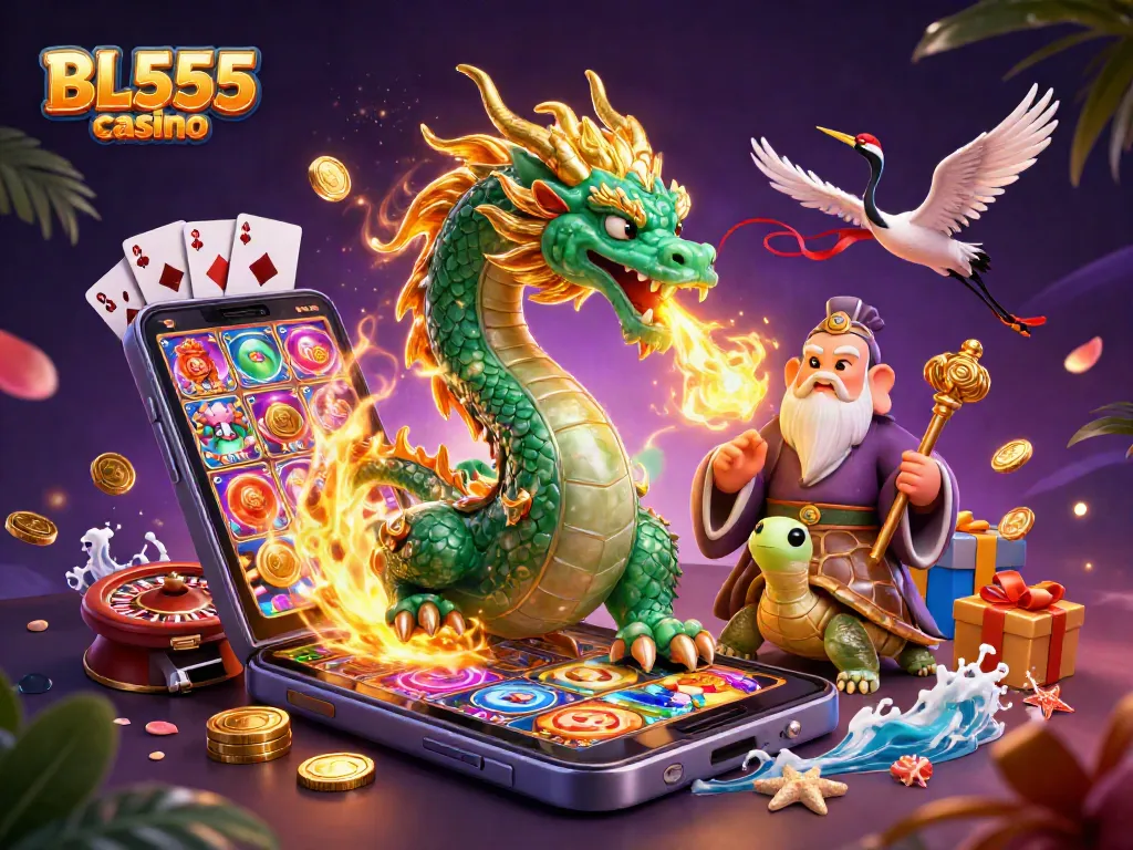 Engage with the thrilling world of BL555 casino featuring a dragon, turtle sage, and cranes in a vibrant gaming illustration.