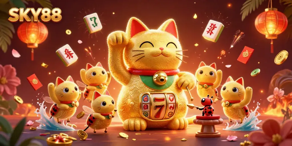 Engage with the enchanting world of SKY88, featuring a lucky cat supported by golden fireflies amidst casino symbols.
