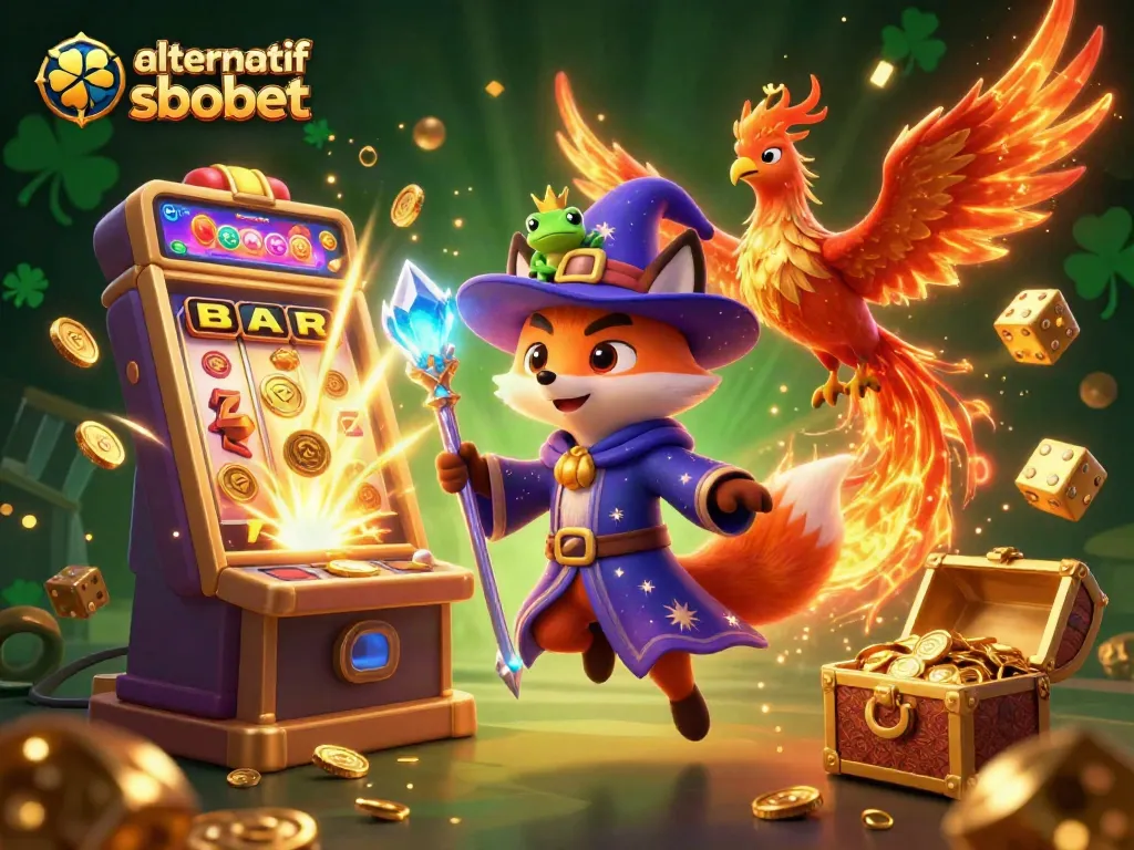 Immerse in the magic of casino gaming with our 'link alternatif sbobet' illustration featuring vibrant elements and engaging characters.