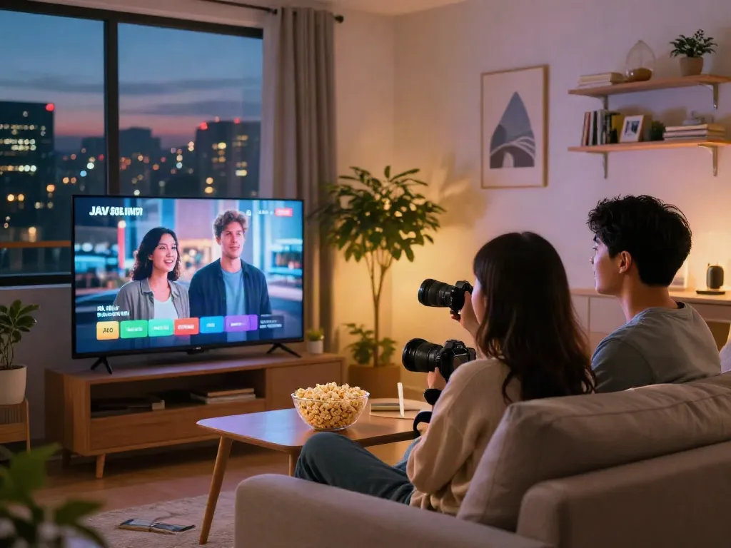 Couple streaming jav sub indo content in cozy living room.