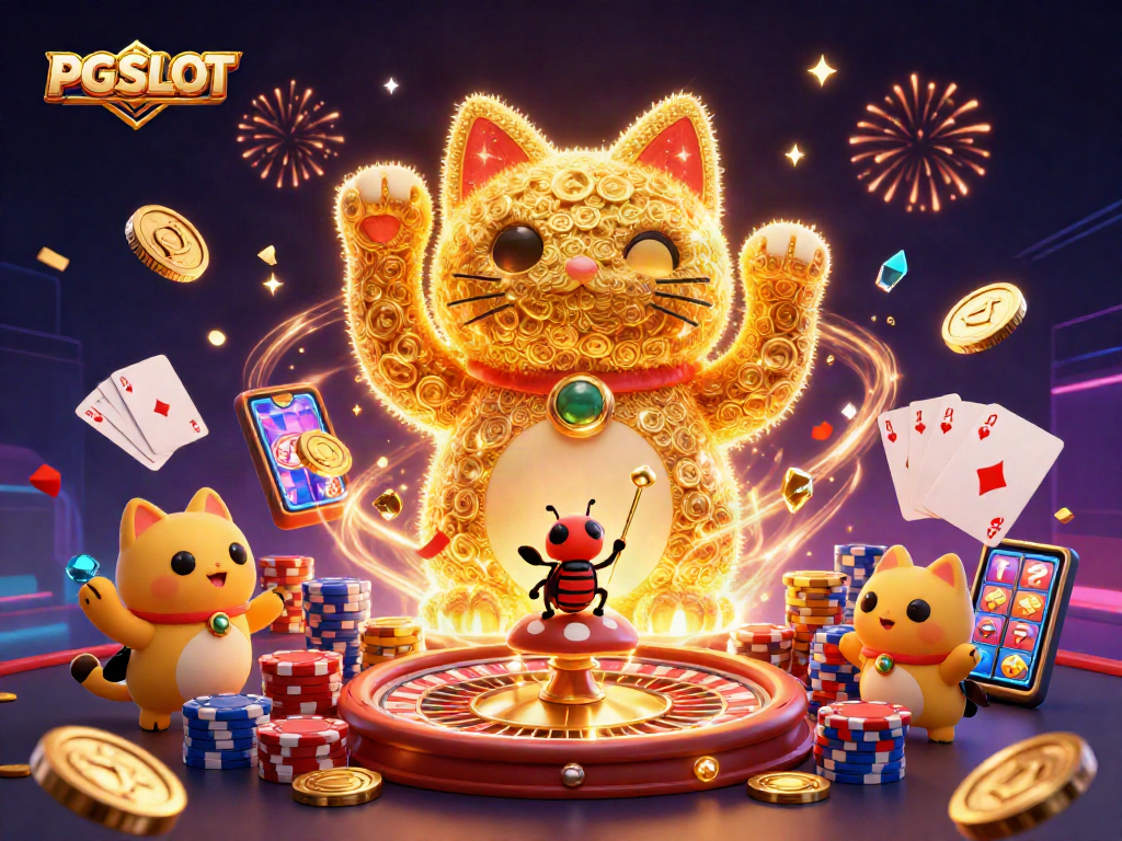 Experience thrilling PG SLOT action with a lucky cat and dazzling casino symbols in vibrant 3D.