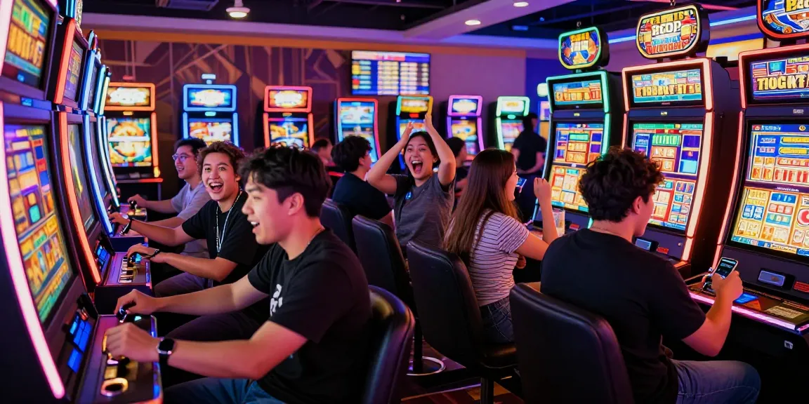 Exciting scene at a slot7000 gaming area with players enjoying modern slot machines and celebrating wins