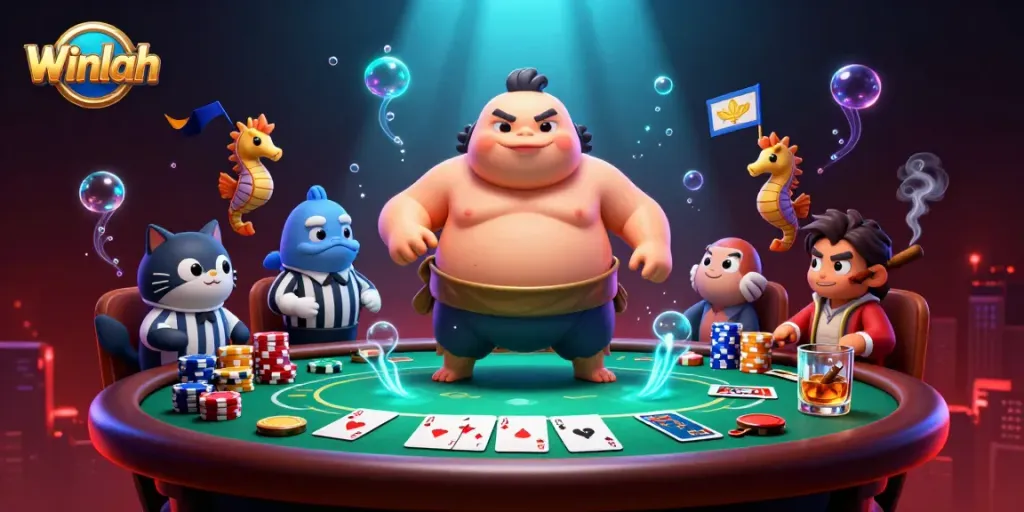 Winlah showcases a lively underwater casino scene with a fugu, catfish referee, and poker action.
