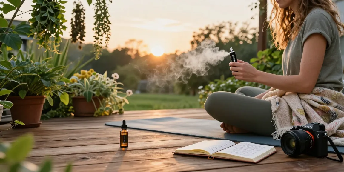 Packman THC vape in a serene outdoor setting with CBD oil and wellness elements promoting a natural lifestyle.