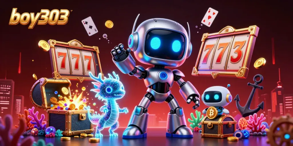 Experience thrilling wins with boy303 as a cyberpunk robot and dragon amidst vivid casino scenes.