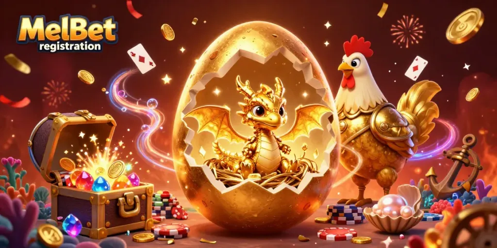 Experience MelBet registration with our golden dragon and poker-themed illustration.