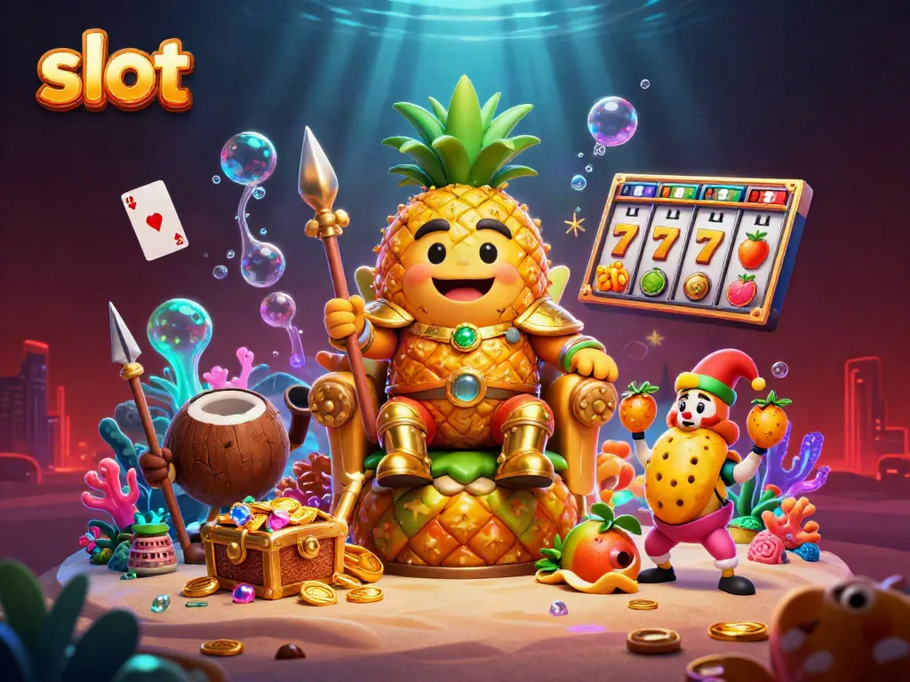 Menggenggam slot yang berisi simbol keberuntungan, pemandangan kasino pantai yang semarak.