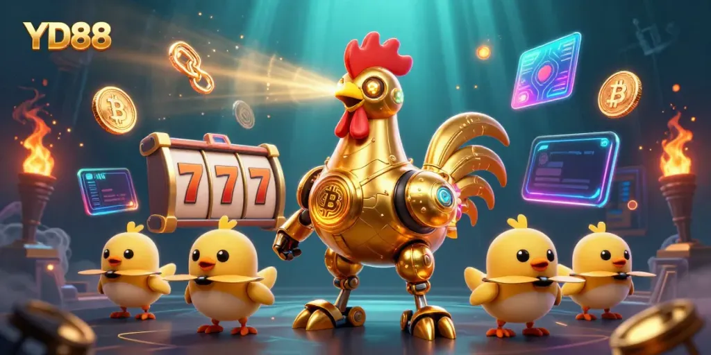 Engage in YD88's dynamic gambling world featuring a golden rooster robot and baby chick drones amidst exciting slot elements.