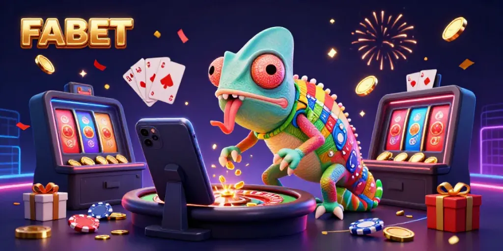 Engage with FABET's vibrant 3D casino scene showcasing a chameleon owner capturing golden coins.