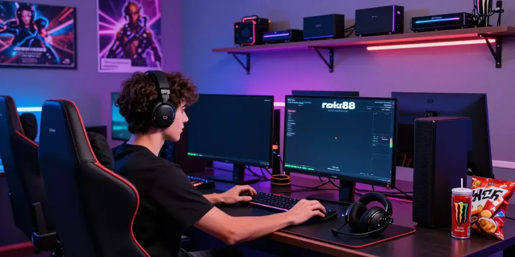 Immersive gaming scene showing a focused player experiencing rokok88 super gameplay in a vibrant, modern setup.