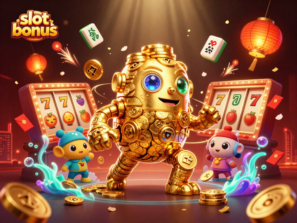 Experience thrilling slot bonuses with a vibrant golem surrounded by dynamic gaming elements